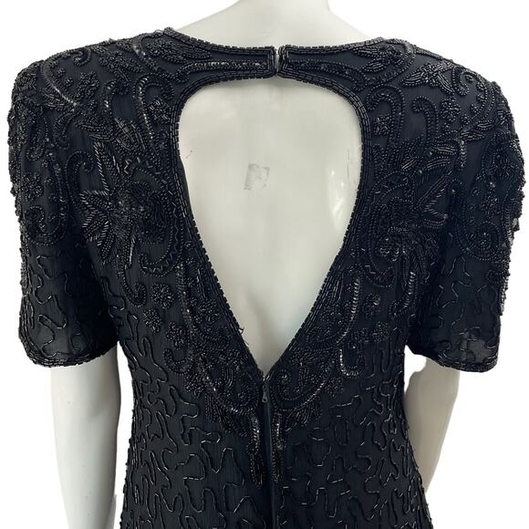 VINTAGE 80s Dress Womens PM Petite Medium Black Beaded Maxi Silk Retro - Picture 8 of 13